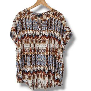 Jane & Delancey Tunic Top Size 2X Blue Brown Rayon Lightweight Boho Southwest